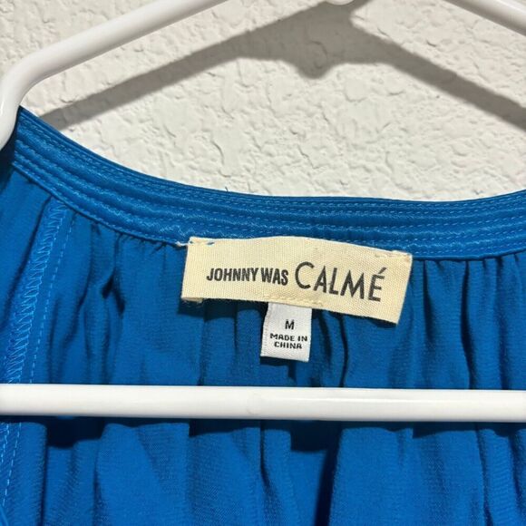 Johnny Was Calme Blouse Top Medium Royal Blue Satin Long Sleeve Tassel Tie Up - Picture 4 of 6